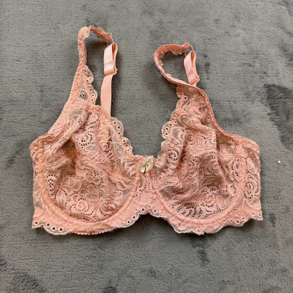 Sophie‎ B Bra Womens 34D Pink Lace Underwire Sheer Mesh Floral Bow Lingerie Sexy